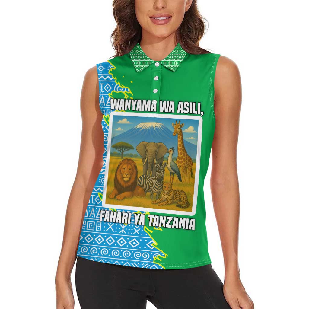 Tanzania Wildlife Women Sleeveless Polo Shirt with Tribal Print and Mount Kilimanjaro Safari Scene
