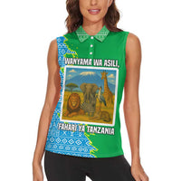 Tanzania Wildlife Women Sleeveless Polo Shirt with Tribal Print and Mount Kilimanjaro Safari Scene