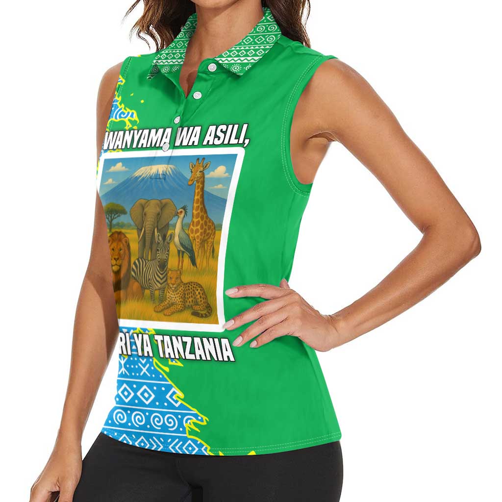 Tanzania Wildlife Women Sleeveless Polo Shirt with Tribal Print and Mount Kilimanjaro Safari Scene