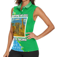 Tanzania Wildlife Women Sleeveless Polo Shirt with Tribal Print and Mount Kilimanjaro Safari Scene