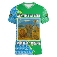 Tanzania Wildlife Women V-Neck T-Shirt with Tribal Print and Mount Kilimanjaro Safari Scene