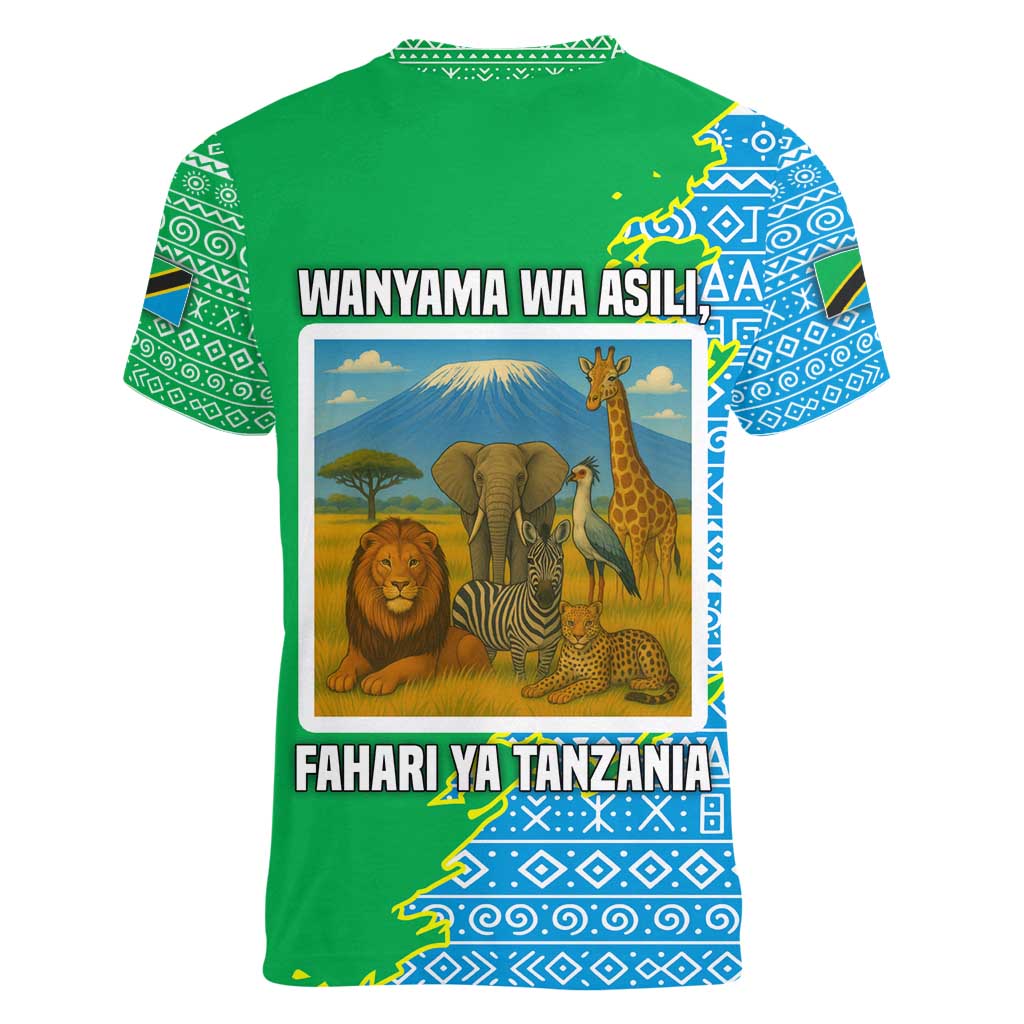 Tanzania Wildlife Women V-Neck T-Shirt with Tribal Print and Mount Kilimanjaro Safari Scene
