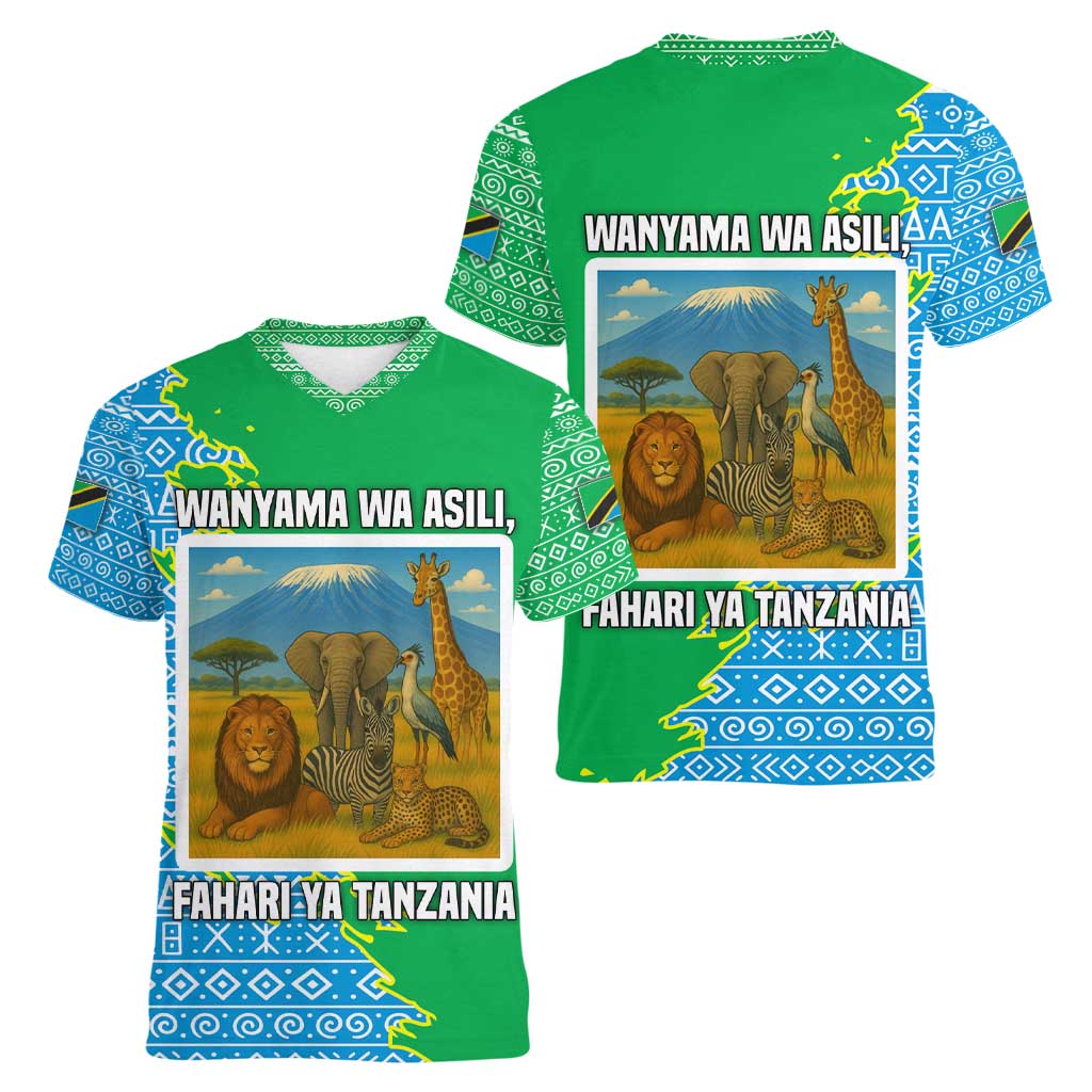 Tanzania Wildlife Women V-Neck T-Shirt with Tribal Print and Mount Kilimanjaro Safari Scene