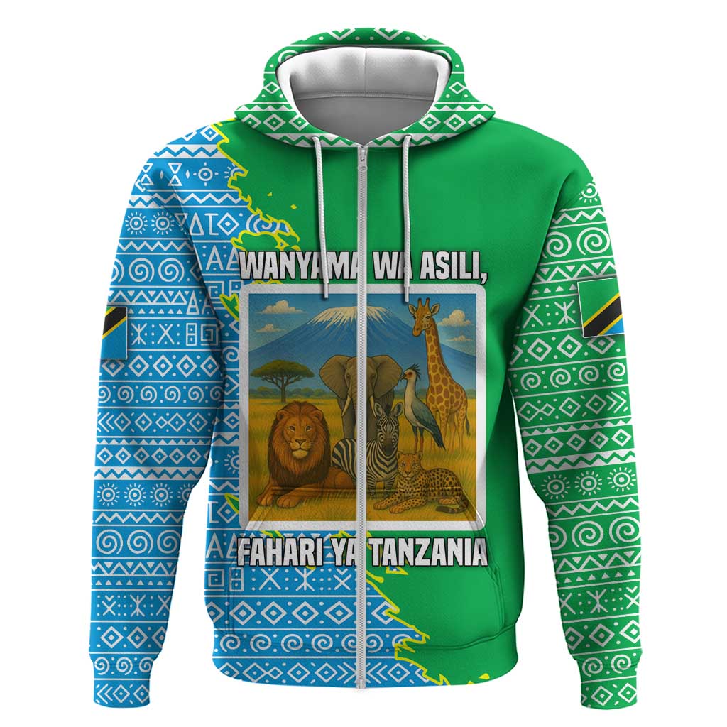 Tanzania Wildlife Zip Hoodie with Tribal Print and Mount Kilimanjaro Safari Scene