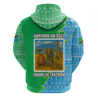 Tanzania Wildlife Zip Hoodie with Tribal Print and Mount Kilimanjaro Safari Scene