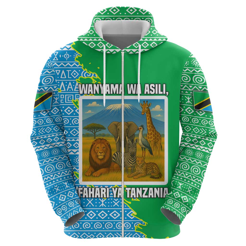 Tanzania Wildlife Zip Hoodie with Tribal Print and Mount Kilimanjaro Safari Scene