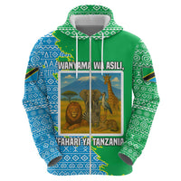 Tanzania Wildlife Zip Hoodie with Tribal Print and Mount Kilimanjaro Safari Scene