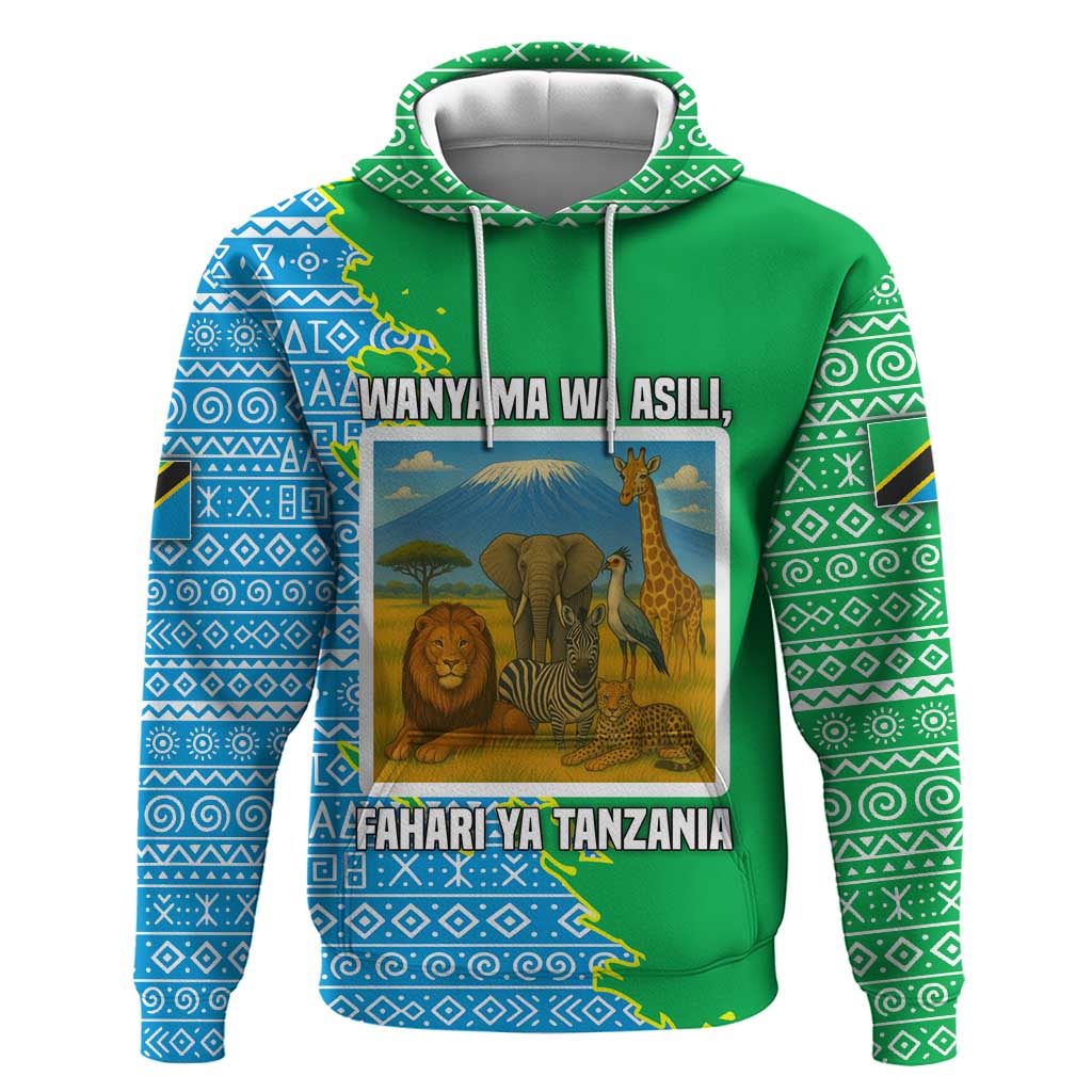 Tanzania Wildlife Zip Hoodie with Tribal Print and Mount Kilimanjaro Safari Scene