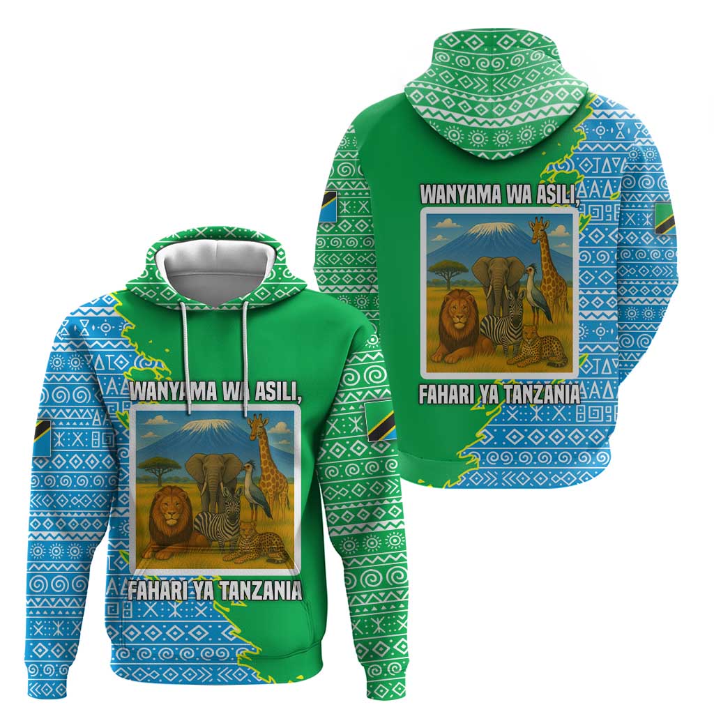 Tanzania Wildlife Zip Hoodie with Tribal Print and Mount Kilimanjaro Safari Scene