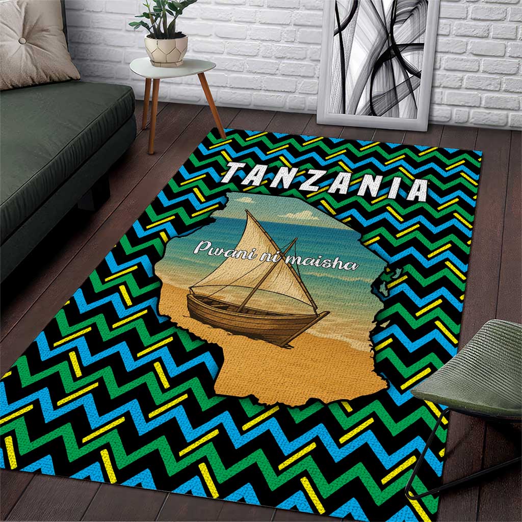 Tanzania Coastal Life Area Rug with Swahili Dhow Boat and Tribal Pattern - Wonder Print Shop
