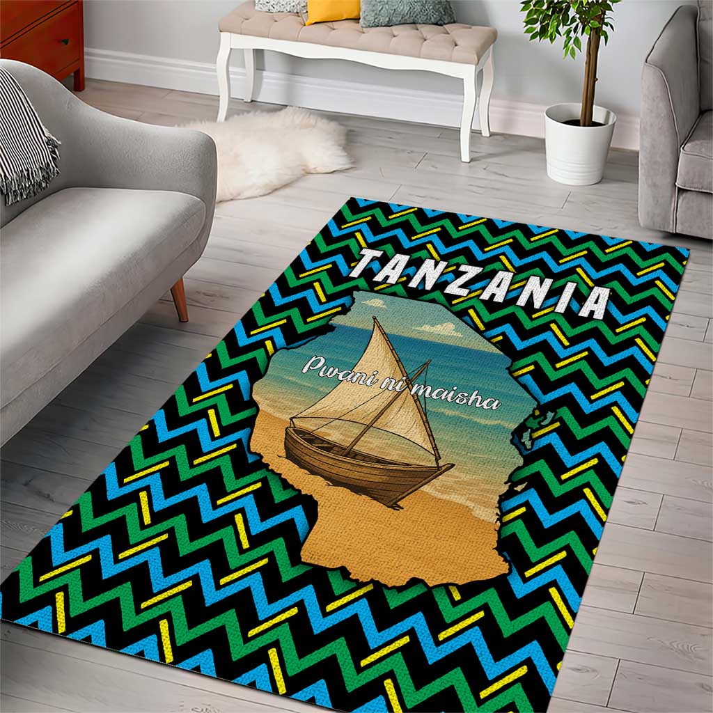 Tanzania Coastal Life Area Rug with Swahili Dhow Boat and Tribal Pattern - Wonder Print Shop