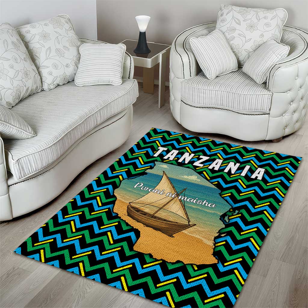 Tanzania Coastal Life Area Rug with Swahili Dhow Boat and Tribal Pattern - Wonder Print Shop