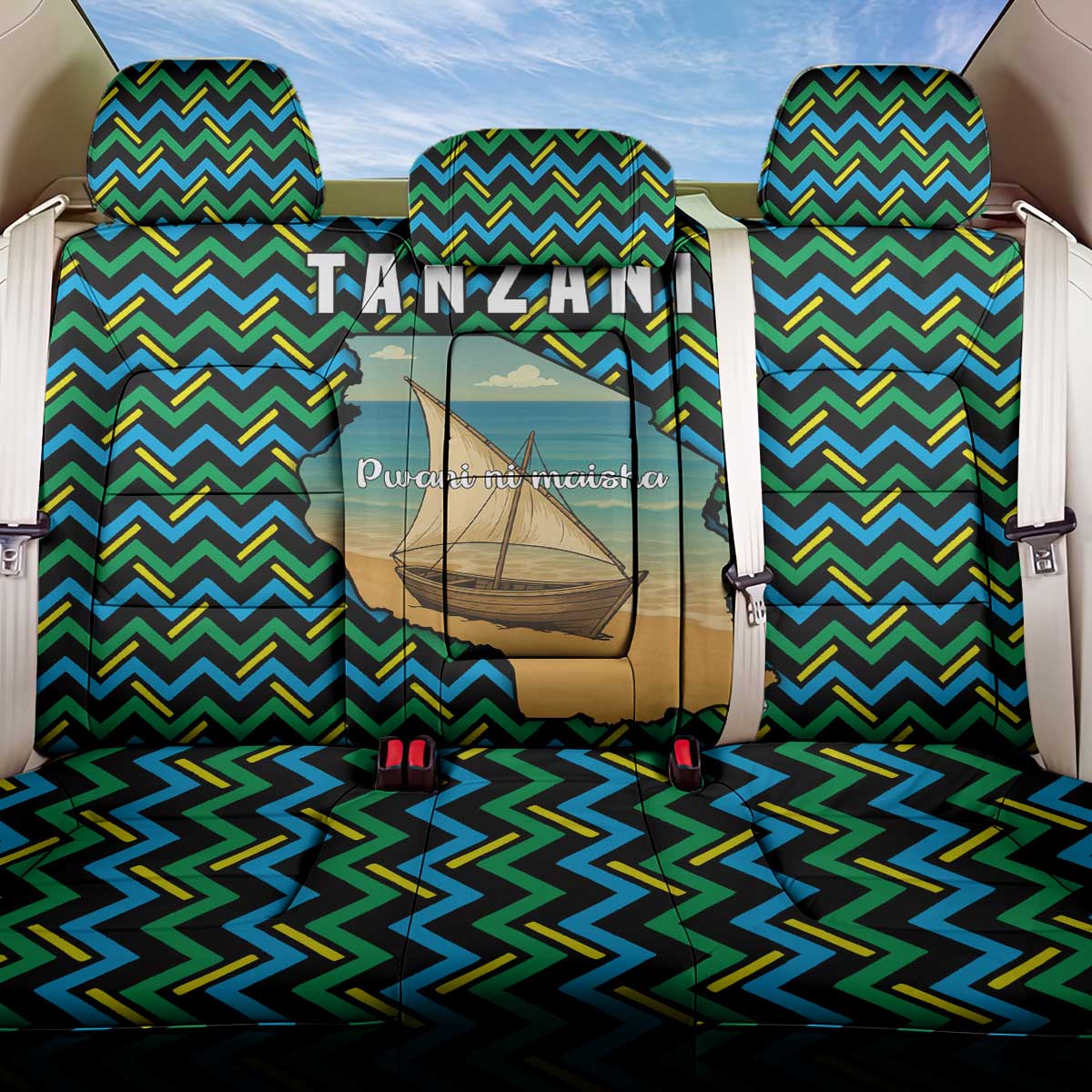 Tanzania Coastal Life Back Car Seat Cover with Swahili Dhow Boat and Tribal Pattern - Wonder Print Shop