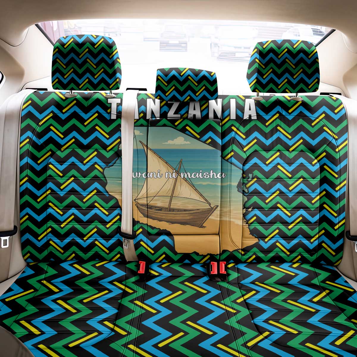 Tanzania Coastal Life Back Car Seat Cover with Swahili Dhow Boat and Tribal Pattern - Wonder Print Shop