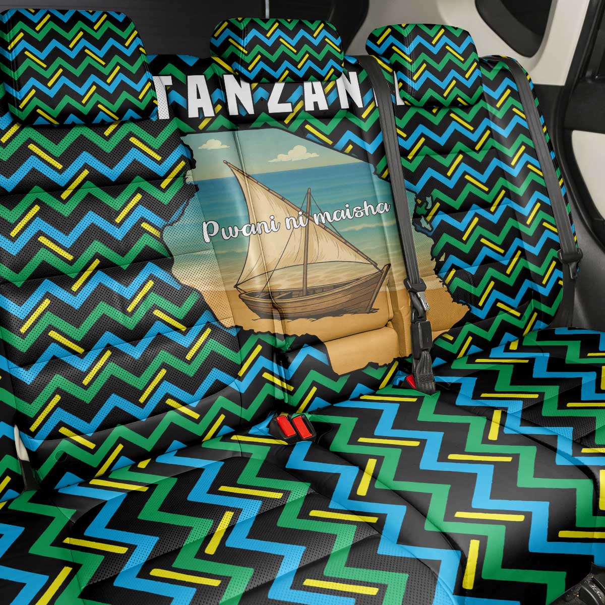 Tanzania Coastal Life Back Car Seat Cover with Swahili Dhow Boat and Tribal Pattern - Wonder Print Shop
