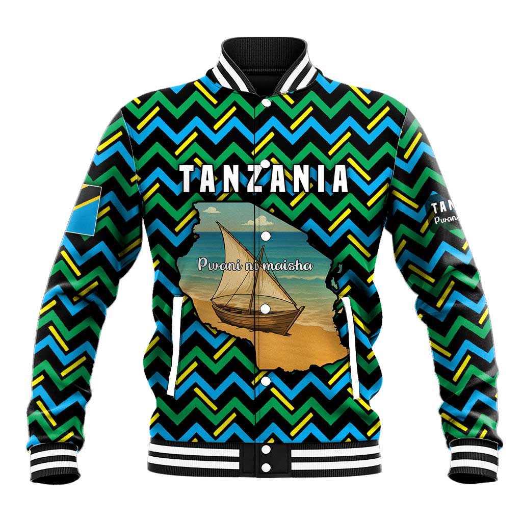 Tanzania Coastal Life Baseball Jacket with Swahili Dhow Boat and Tribal Pattern - Wonder Print Shop