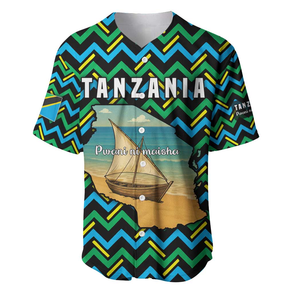Tanzania Coastal Life Baseball Jersey with Swahili Dhow Boat and Tribal Pattern - Wonder Print Shop