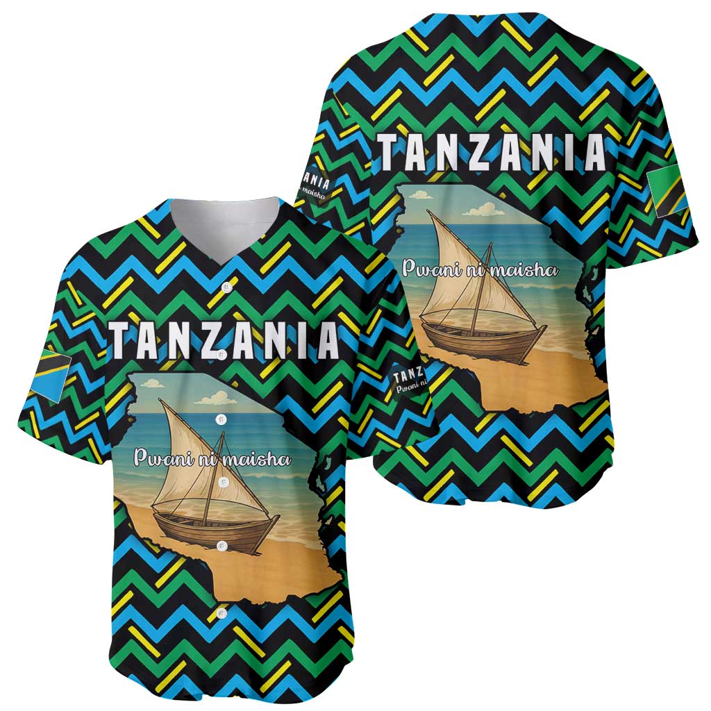 Tanzania Coastal Life Baseball Jersey with Swahili Dhow Boat and Tribal Pattern - Wonder Print Shop