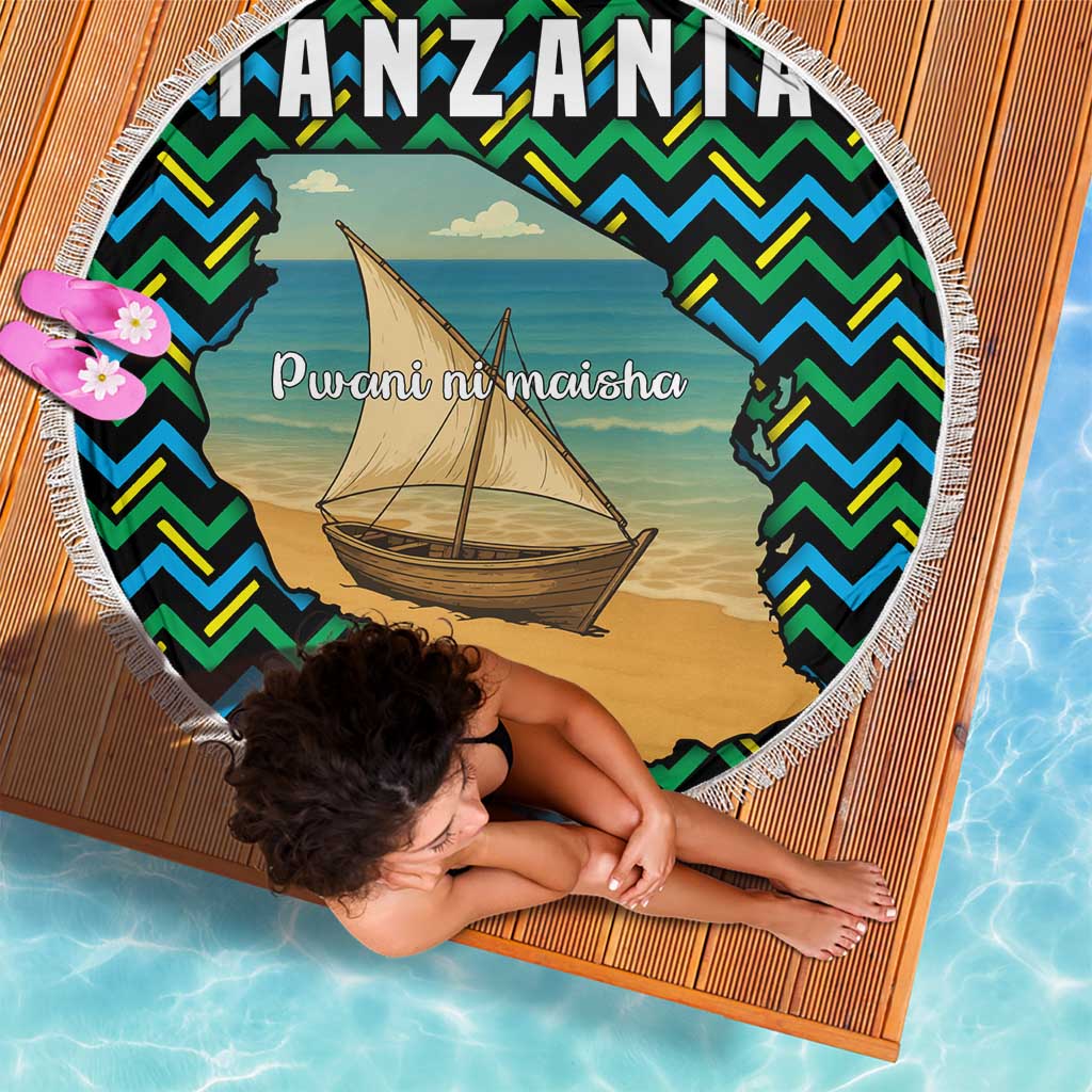 Tanzania Coastal Life Beach Blanket with Swahili Dhow Boat and Tribal Pattern - Wonder Print Shop