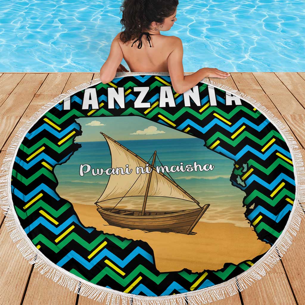 Tanzania Coastal Life Beach Blanket with Swahili Dhow Boat and Tribal Pattern - Wonder Print Shop