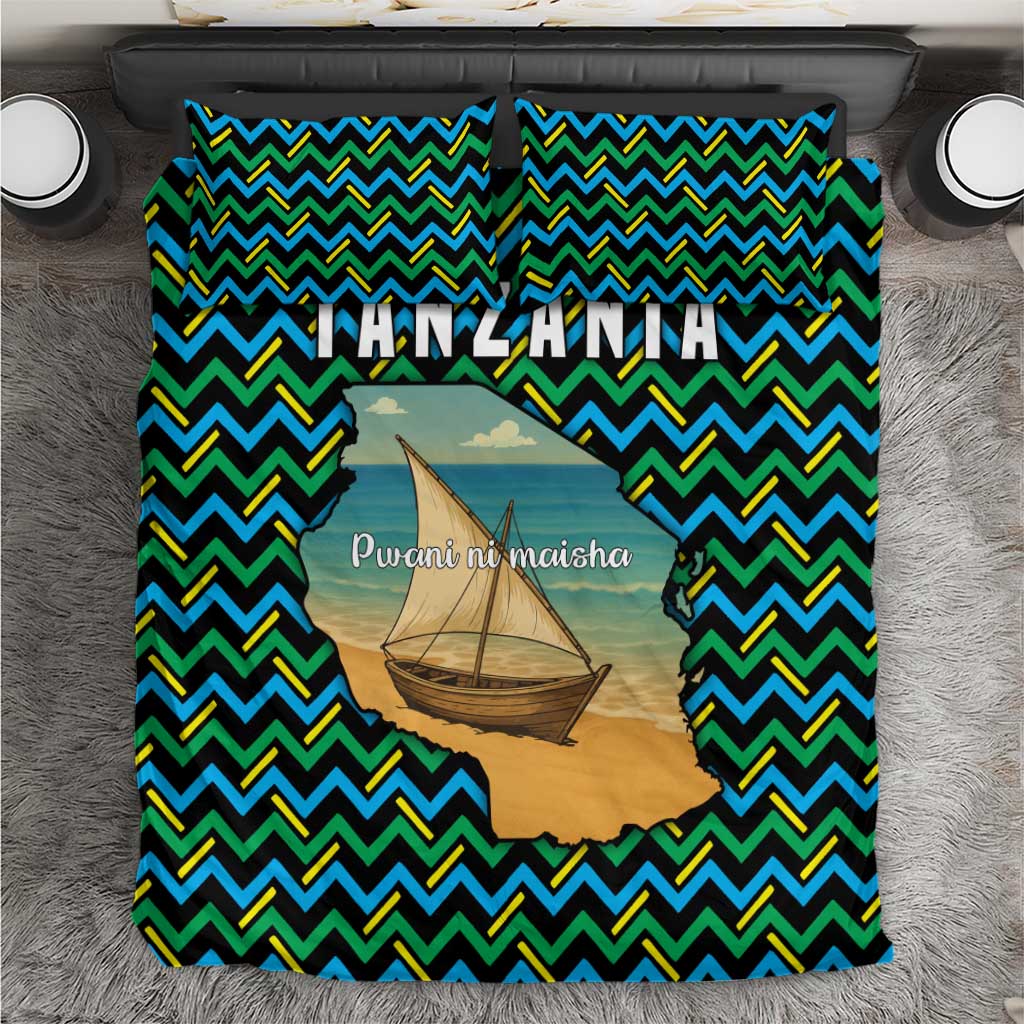 Tanzania Coastal Life Bedding Set with Swahili Dhow Boat and Tribal Pattern - Wonder Print Shop