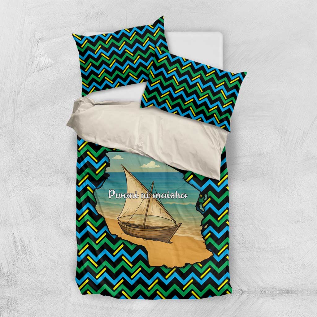 Tanzania Coastal Life Bedding Set with Swahili Dhow Boat and Tribal Pattern - Wonder Print Shop
