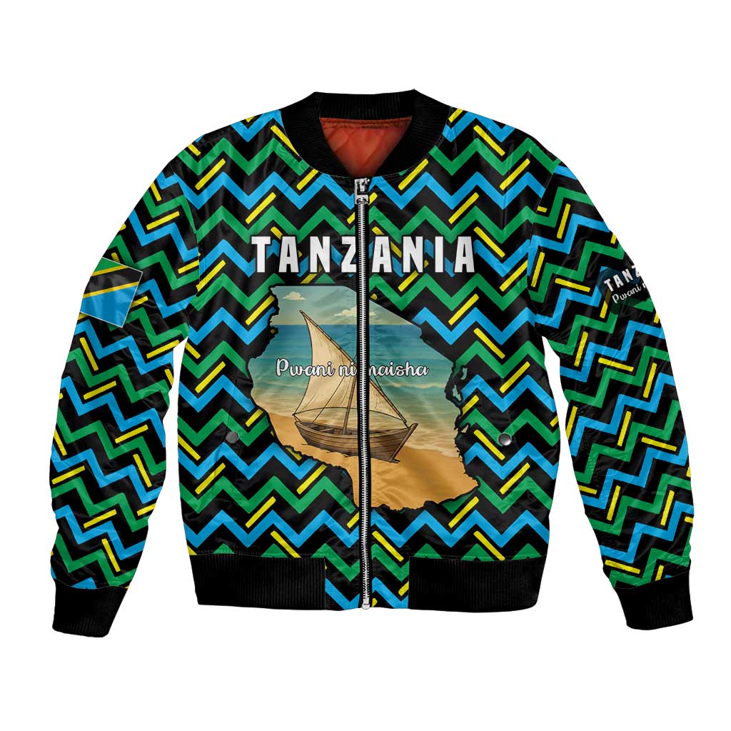 Tanzania Coastal Life Bomber Jacket with Swahili Dhow Boat and Tribal Pattern - Wonder Print Shop