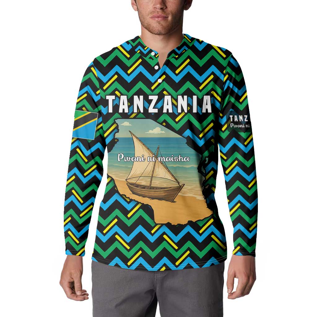 Tanzania Coastal Life Button Sweatshirt with Swahili Dhow Boat and Tribal Pattern - Wonder Print Shop