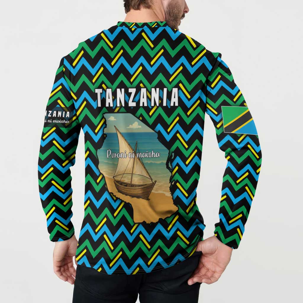 Tanzania Coastal Life Button Sweatshirt with Swahili Dhow Boat and Tribal Pattern - Wonder Print Shop