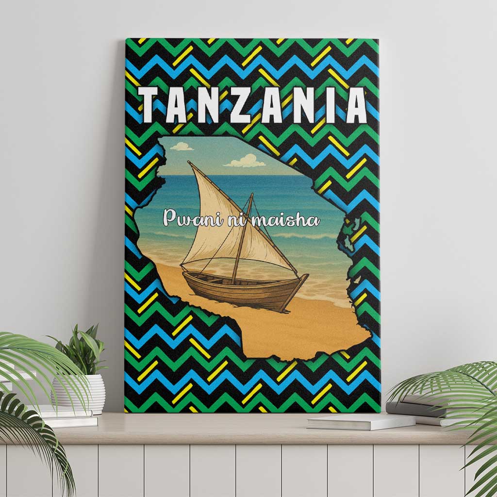 Tanzania Coastal Life Canvas Wall Art with Swahili Dhow Boat and Tribal Pattern - Wonder Print Shop