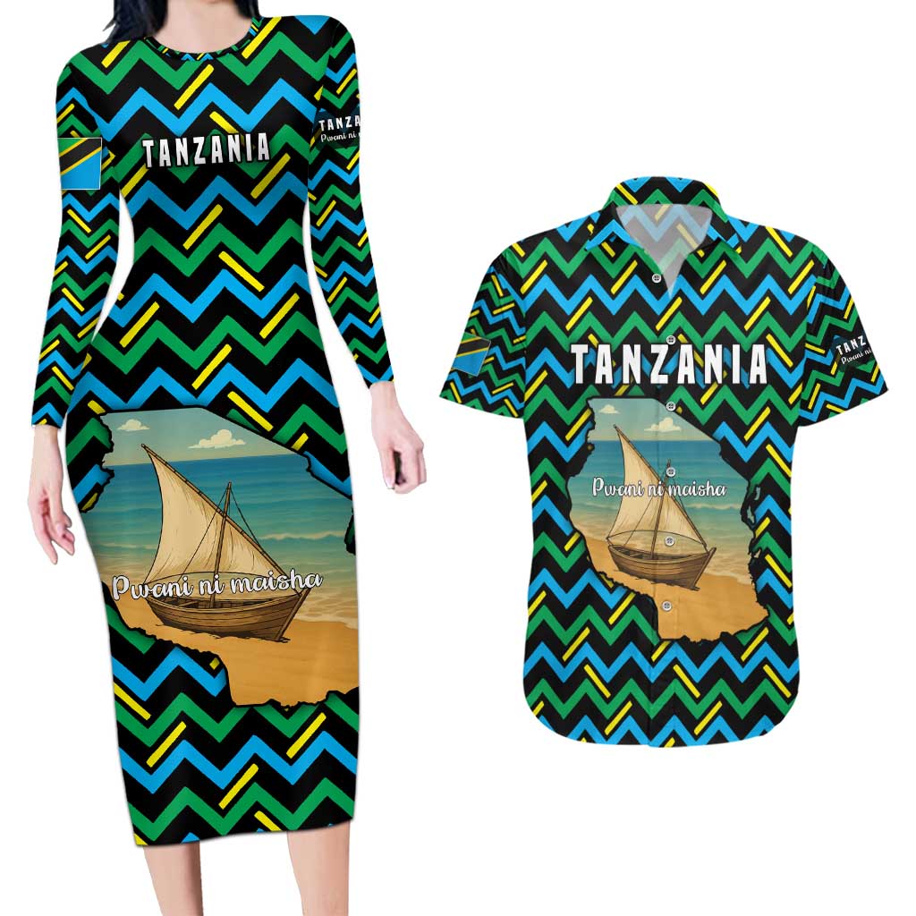 Tanzania Coastal Life Couples Matching Long Sleeve Bodycon Dress and Hawaiian Shirt with Swahili Dhow Boat and Tribal Pattern - Wonder Print Shop