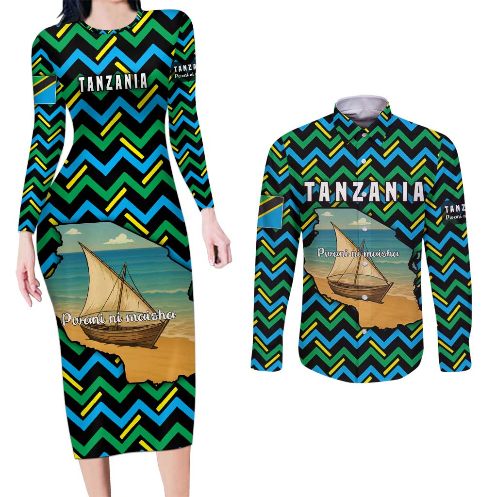 Tanzania Coastal Life Couples Matching Long Sleeve Bodycon Dress and Long Sleeve Button Shirt with Swahili Dhow Boat and Tribal Pattern - Wonder Print Shop