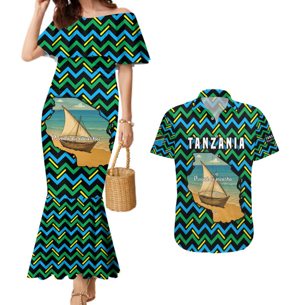 Tanzania Coastal Life Couples Matching Mermaid Dress and Hawaiian Shirt with Swahili Dhow Boat and Tribal Pattern - Wonder Print Shop