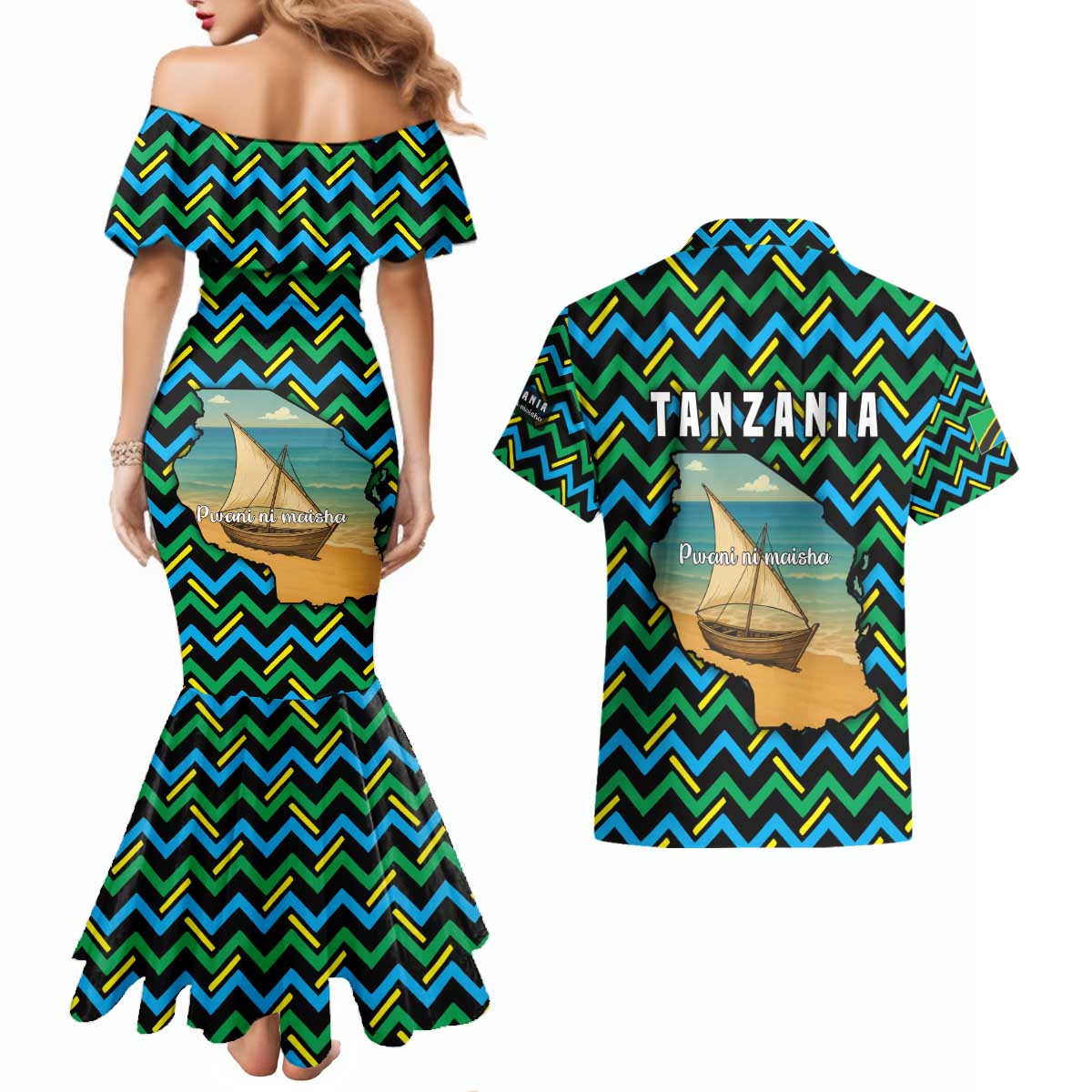 Tanzania Coastal Life Couples Matching Mermaid Dress and Hawaiian Shirt with Swahili Dhow Boat and Tribal Pattern - Wonder Print Shop