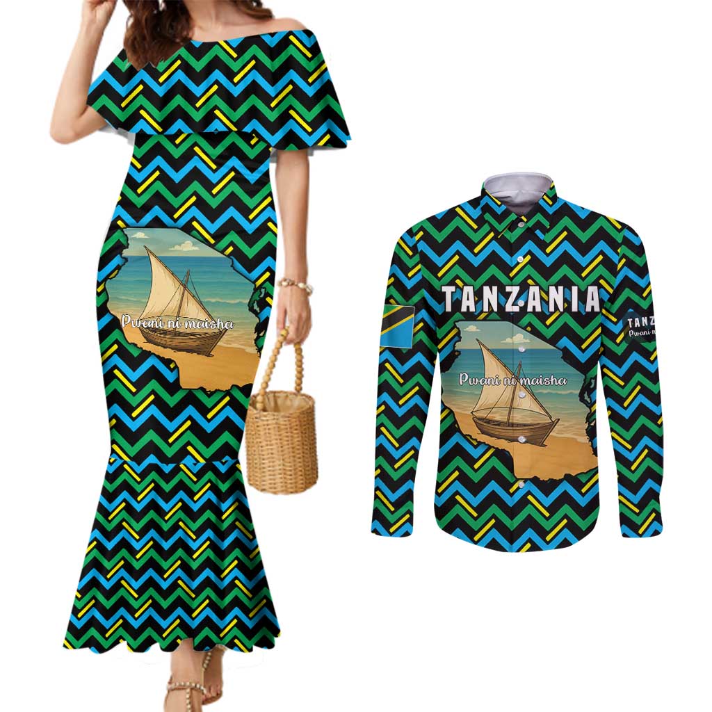 Tanzania Coastal Life Couples Matching Mermaid Dress and Long Sleeve Button Shirt with Swahili Dhow Boat and Tribal Pattern - Wonder Print Shop
