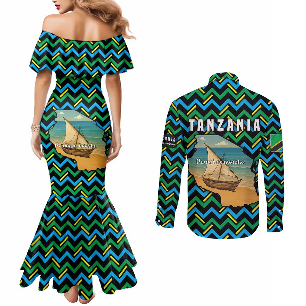 Tanzania Coastal Life Couples Matching Mermaid Dress and Long Sleeve Button Shirt with Swahili Dhow Boat and Tribal Pattern - Wonder Print Shop