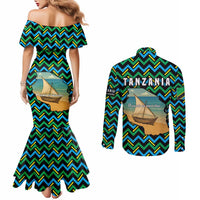 Tanzania Coastal Life Couples Matching Mermaid Dress and Long Sleeve Button Shirt with Swahili Dhow Boat and Tribal Pattern - Wonder Print Shop