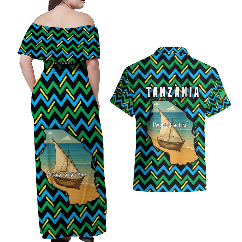 Tanzania Coastal Life Couples Matching Off Shoulder Maxi Dress and Hawaiian Shirt with Swahili Dhow Boat and Tribal Pattern - Wonder Print Shop