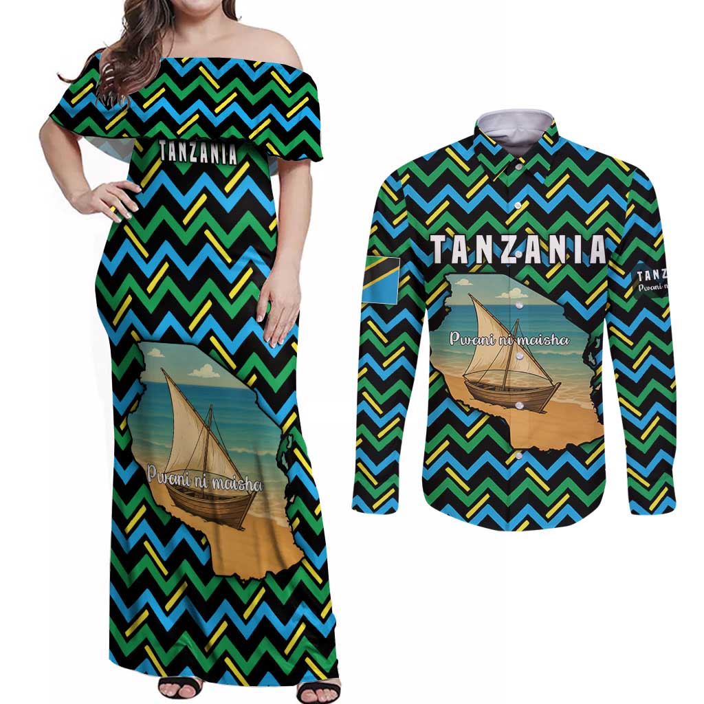 Tanzania Coastal Life Couples Matching Off Shoulder Maxi Dress and Long Sleeve Button Shirt with Swahili Dhow Boat and Tribal Pattern - Wonder Print Shop