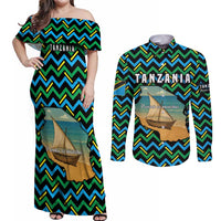 Tanzania Coastal Life Couples Matching Off Shoulder Maxi Dress and Long Sleeve Button Shirt with Swahili Dhow Boat and Tribal Pattern - Wonder Print Shop