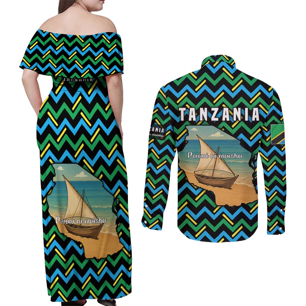 Tanzania Coastal Life Couples Matching Off Shoulder Maxi Dress and Long Sleeve Button Shirt with Swahili Dhow Boat and Tribal Pattern - Wonder Print Shop
