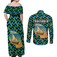 Tanzania Coastal Life Couples Matching Off Shoulder Maxi Dress and Long Sleeve Button Shirt with Swahili Dhow Boat and Tribal Pattern - Wonder Print Shop