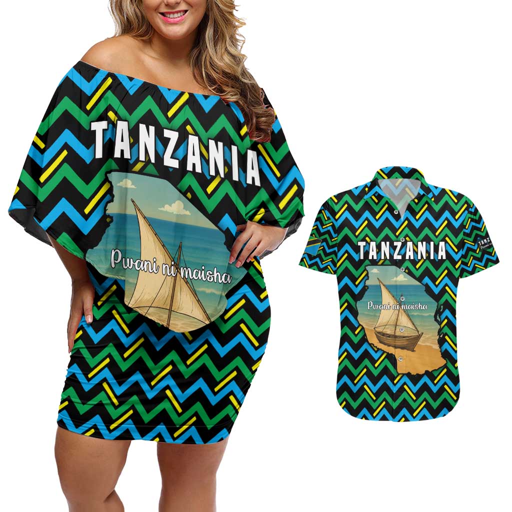 Tanzania Coastal Life Couples Matching Off Shoulder Short Dress and Hawaiian Shirt with Swahili Dhow Boat and Tribal Pattern - Wonder Print Shop
