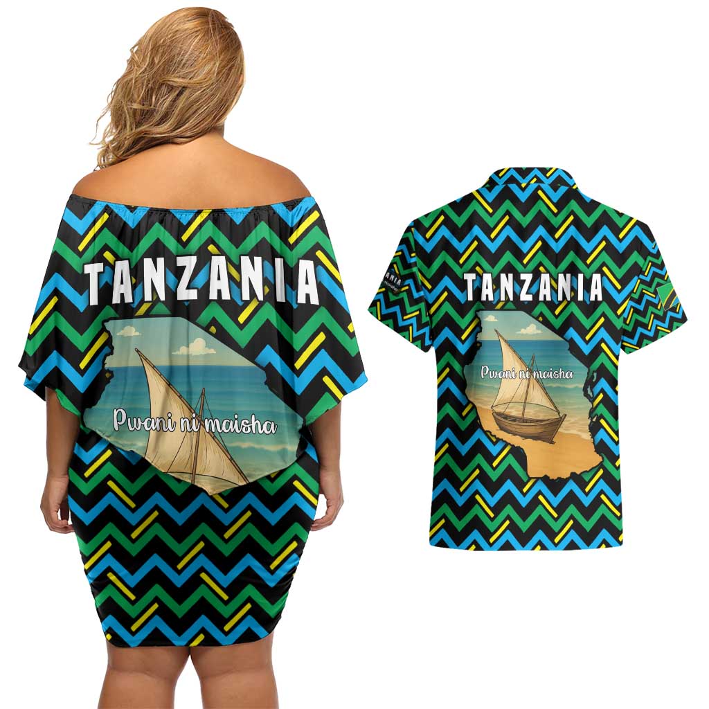 Tanzania Coastal Life Couples Matching Off Shoulder Short Dress and Hawaiian Shirt with Swahili Dhow Boat and Tribal Pattern - Wonder Print Shop