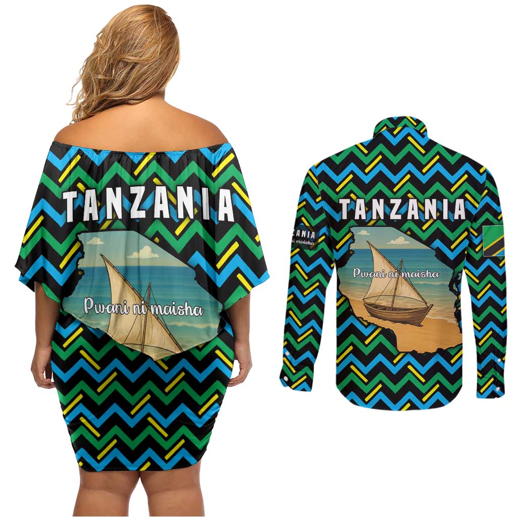 Tanzania Coastal Life Couples Matching Off Shoulder Short Dress and Long Sleeve Button Shirt with Swahili Dhow Boat and Tribal Pattern - Wonder Print Shop