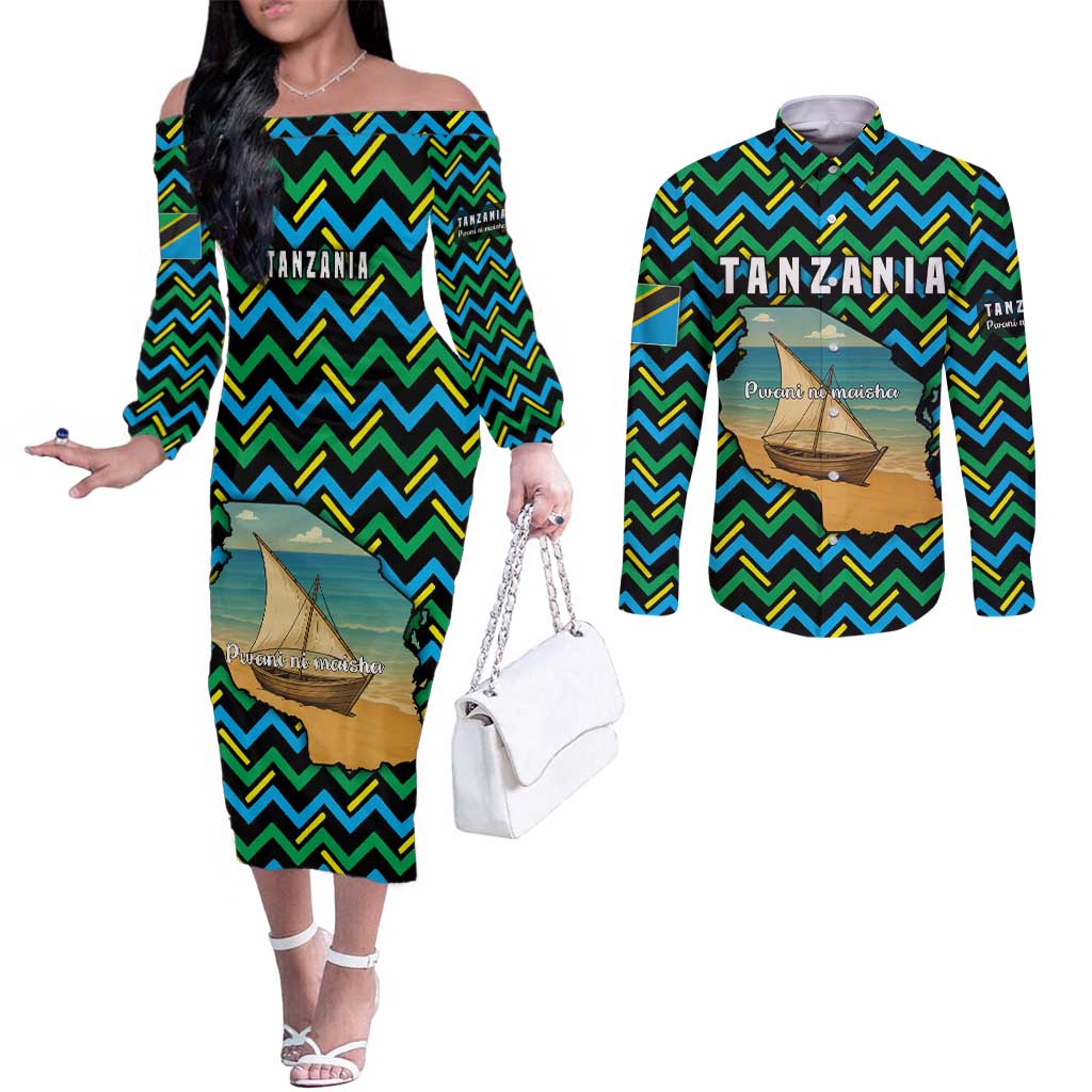Tanzania Coastal Life Couples Matching Off The Shoulder Long Sleeve Dress and Long Sleeve Button Shirt with Swahili Dhow Boat and Tribal Pattern - Wonder Print Shop