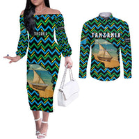 Tanzania Coastal Life Couples Matching Off The Shoulder Long Sleeve Dress and Long Sleeve Button Shirt with Swahili Dhow Boat and Tribal Pattern - Wonder Print Shop