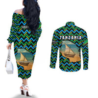 Tanzania Coastal Life Couples Matching Off The Shoulder Long Sleeve Dress and Long Sleeve Button Shirt with Swahili Dhow Boat and Tribal Pattern - Wonder Print Shop