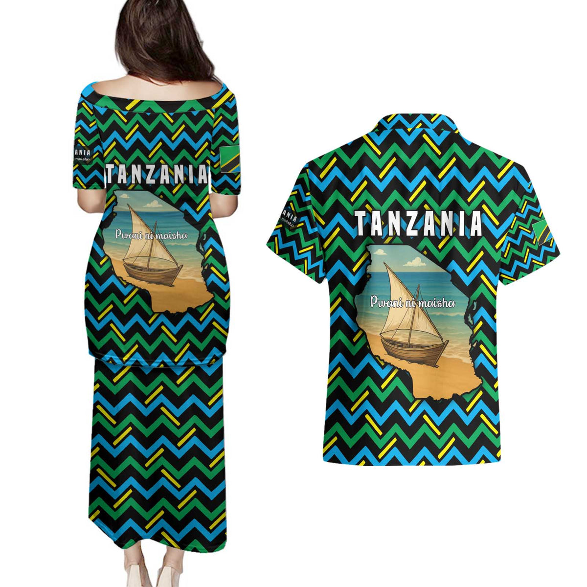 Tanzania Coastal Life Couples Matching Puletasi and Hawaiian Shirt with Swahili Dhow Boat and Tribal Pattern - Wonder Print Shop