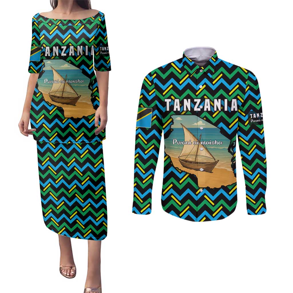 Tanzania Coastal Life Couples Matching Puletasi and Long Sleeve Button Shirt with Swahili Dhow Boat and Tribal Pattern - Wonder Print Shop